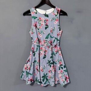 Bailey Blue Cotton Striped Floral Summer Dress Sleeveless Flared